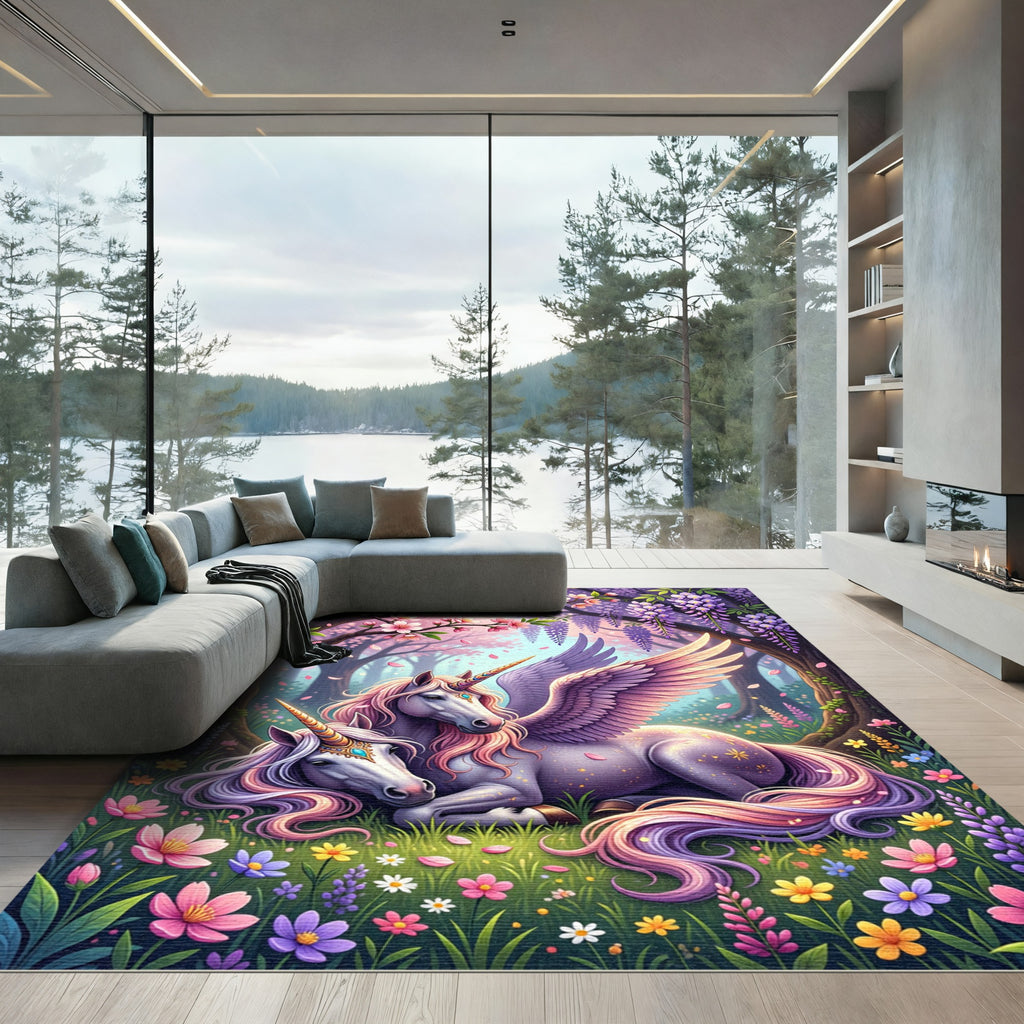 Whimsical Winged Unicorn Forest Garden Charm Rug