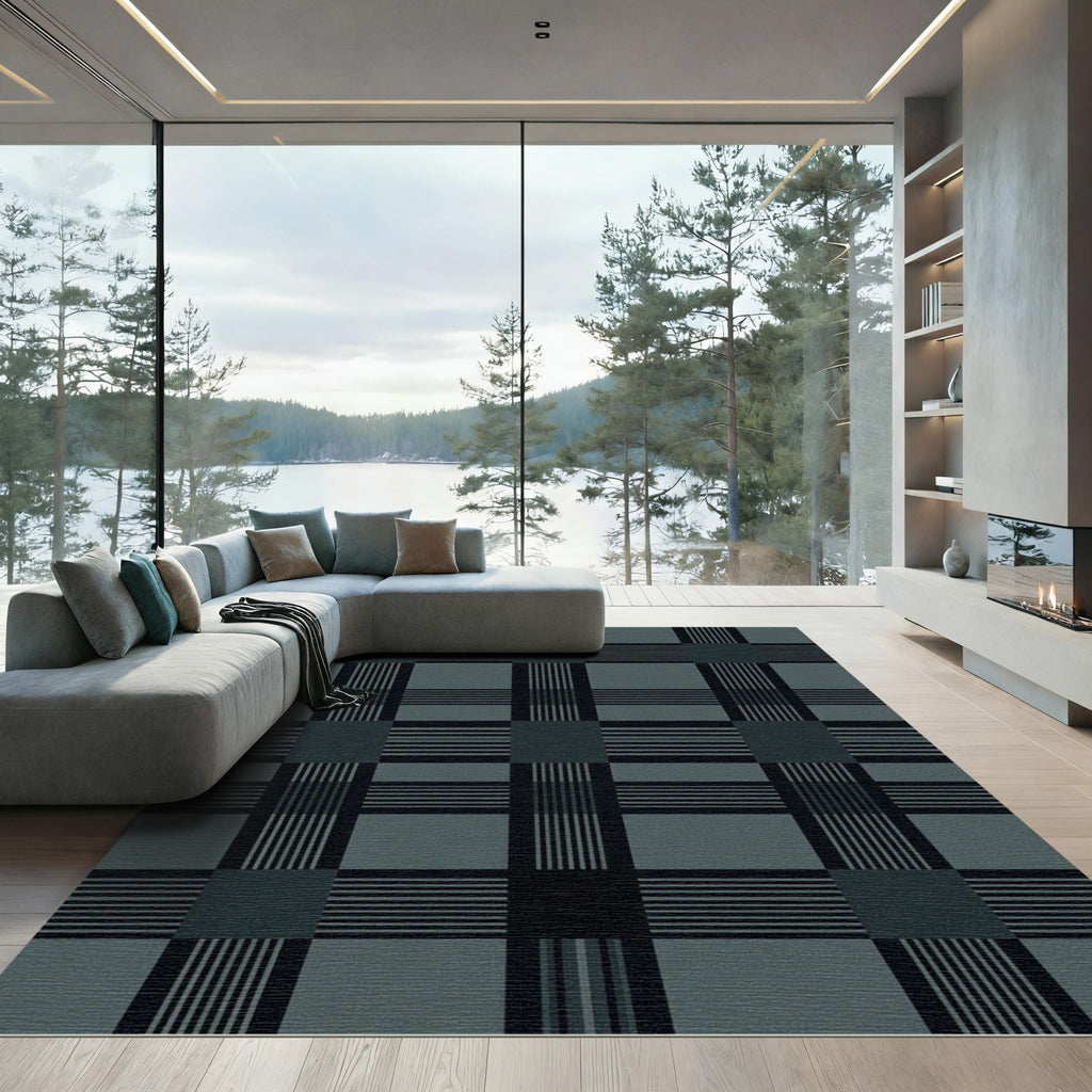 Dark Teal Plaid Stripe Composition Rug