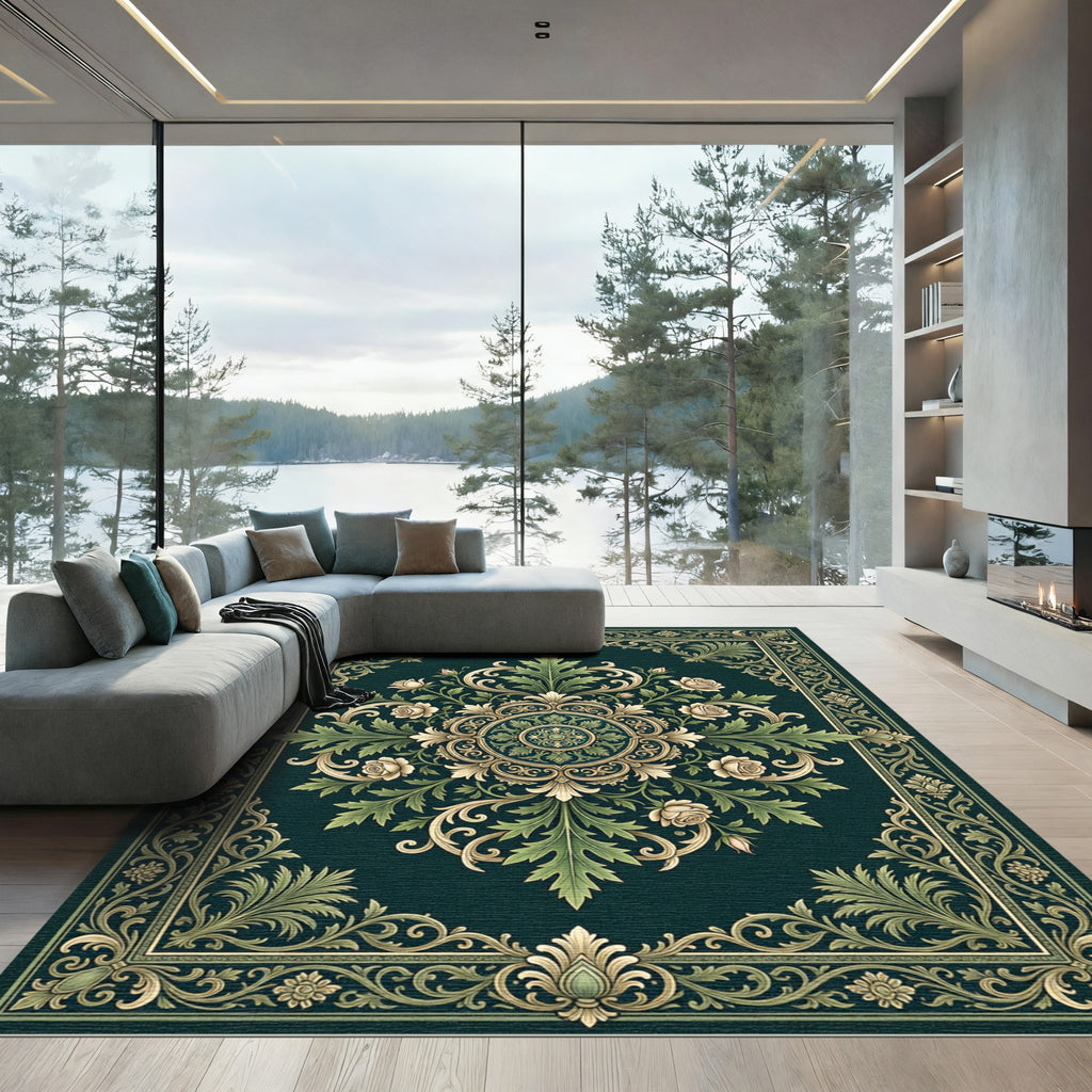Elegant Emerald Rose Scroll Medallion Rug