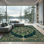 Elegant Emerald Rose Scroll Medallion Rug