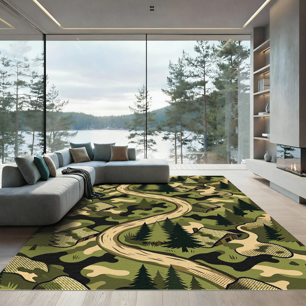 Camo Forest Landscape Winding Road Illustration Rug