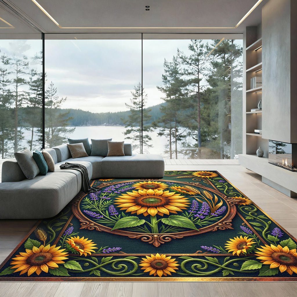 Golden Sunflower Lavender Wheat Art Deco Rug
