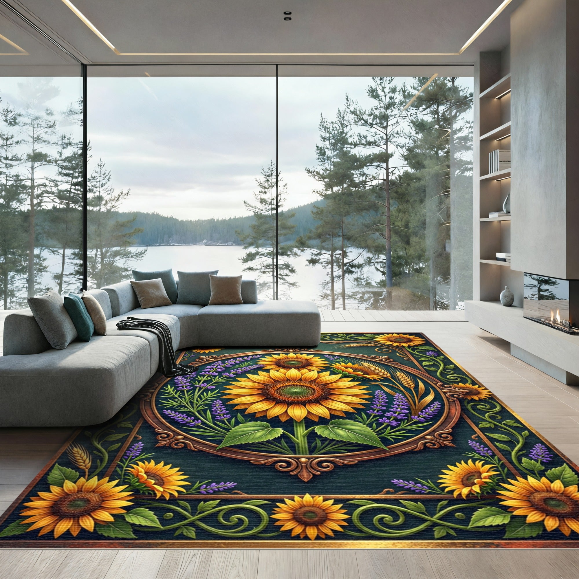 Golden Sunflower Lavender Wheat Art Deco Rug