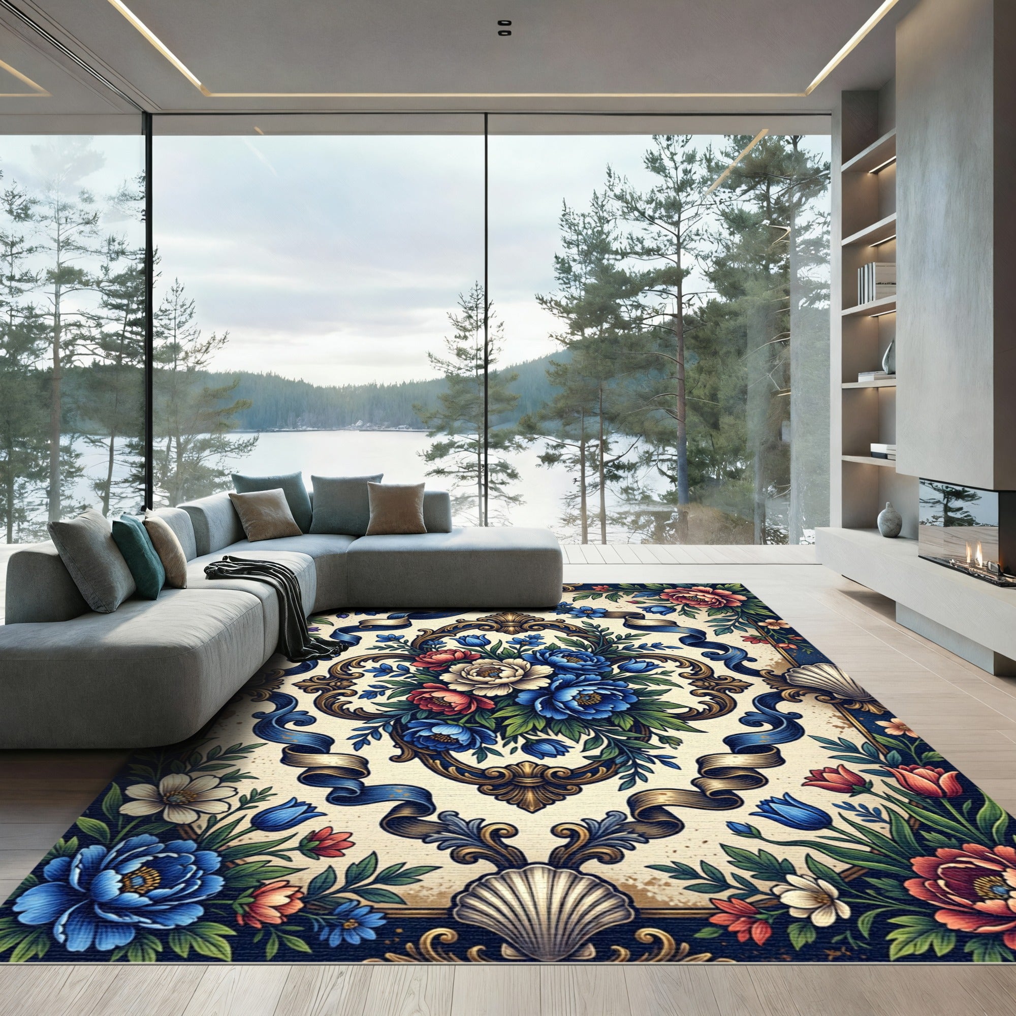 Elegant Blue Peony Floral Baroque Scroll Rug