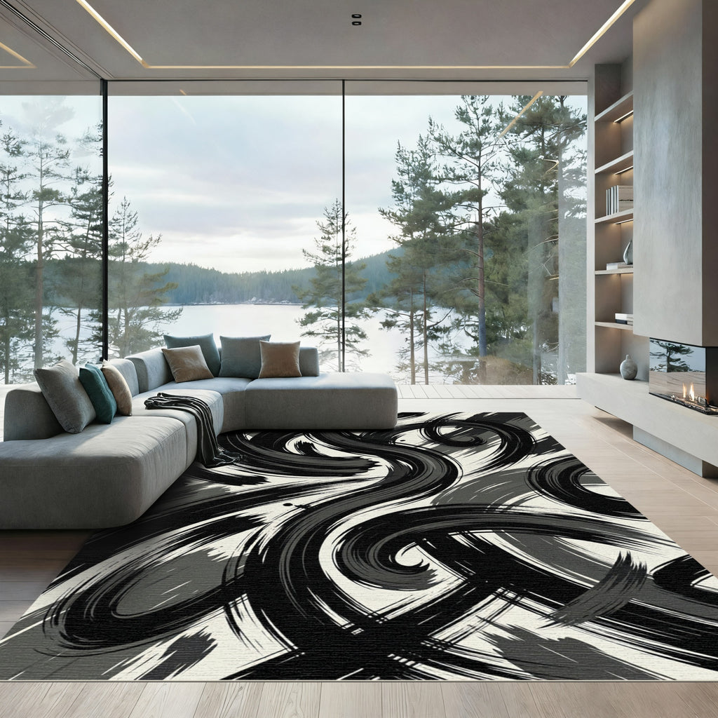 Abstract Monochromatic Ink Brush Swirls Rug