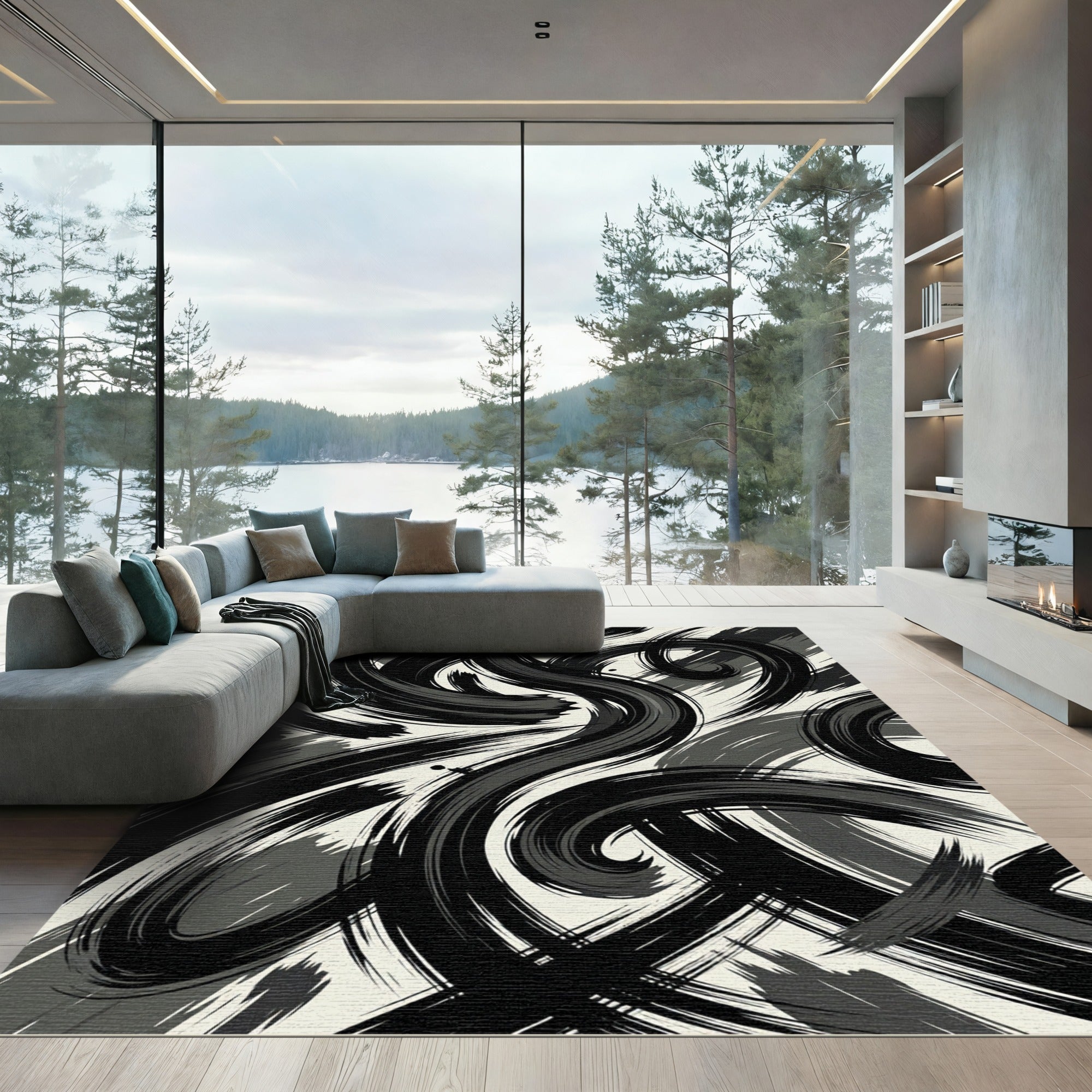 Abstract Monochromatic Ink Brush Swirls Rug
