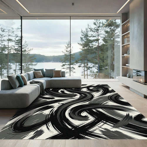 Abstract Monochromatic Ink Brush Swirls Rug