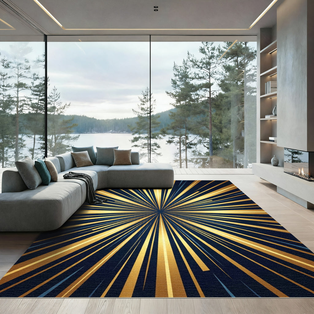 Golden Radiant Burst Abstract Rays Rug