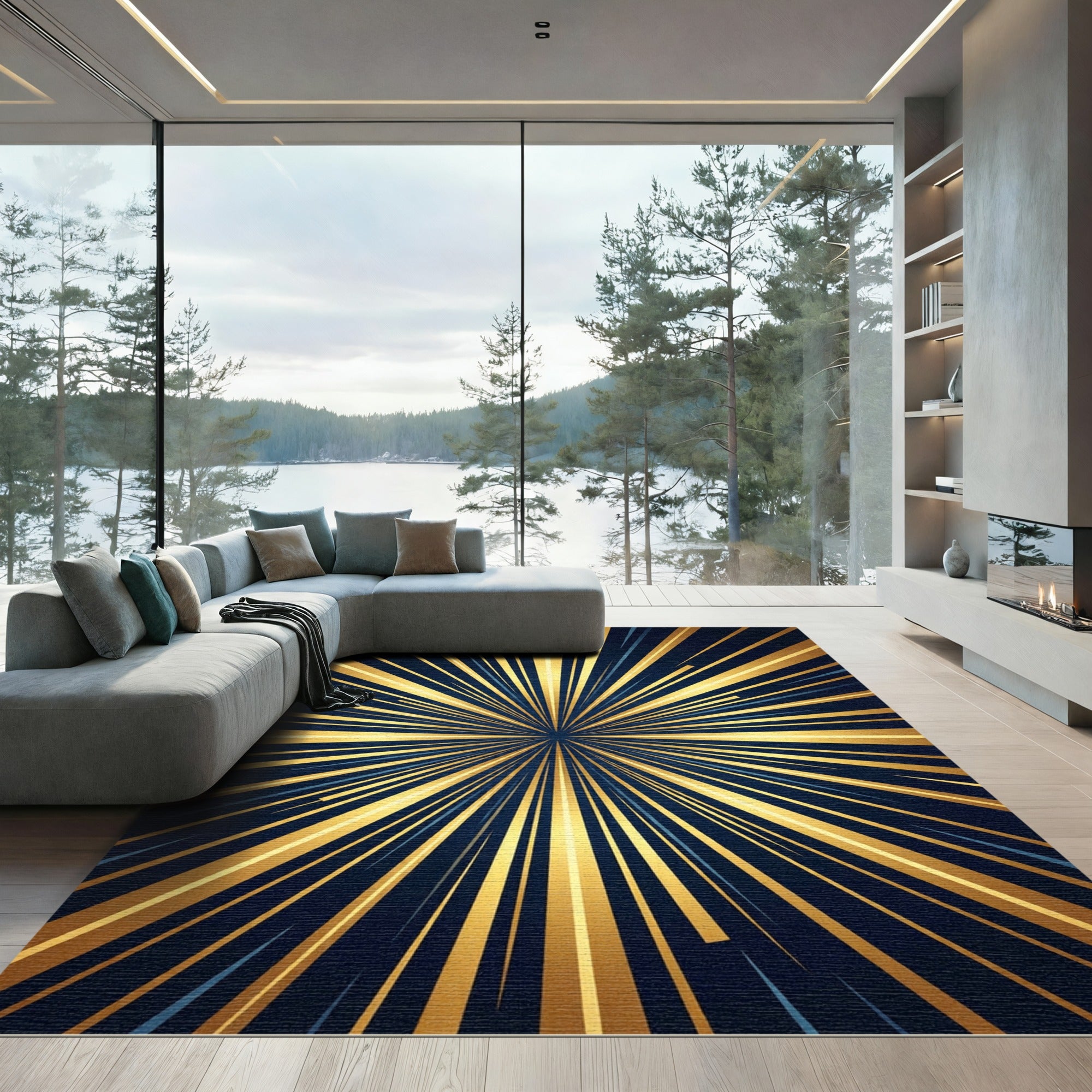 Golden Radiant Burst Abstract Rays Rug