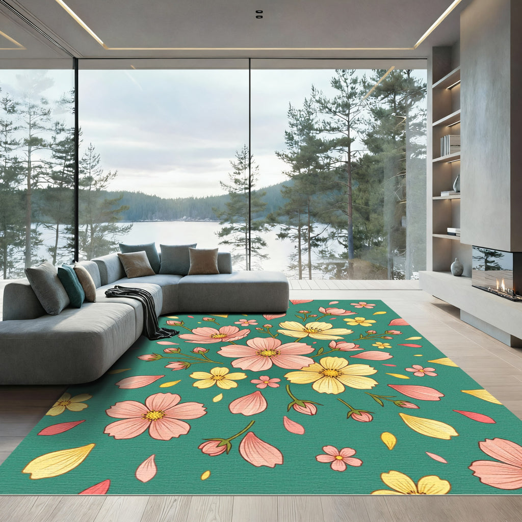 Pink Yellow Floating Floral Garden Rug