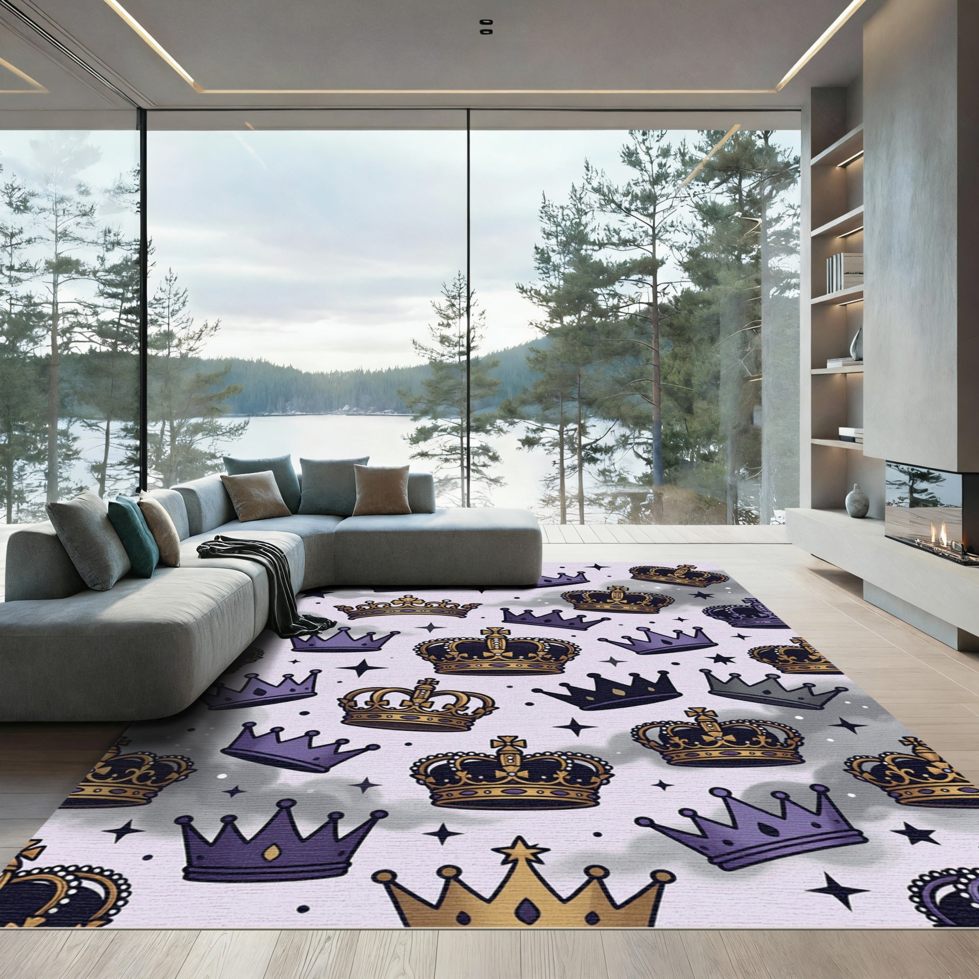 Majestic Purple and Gold Crown Celestial Rug