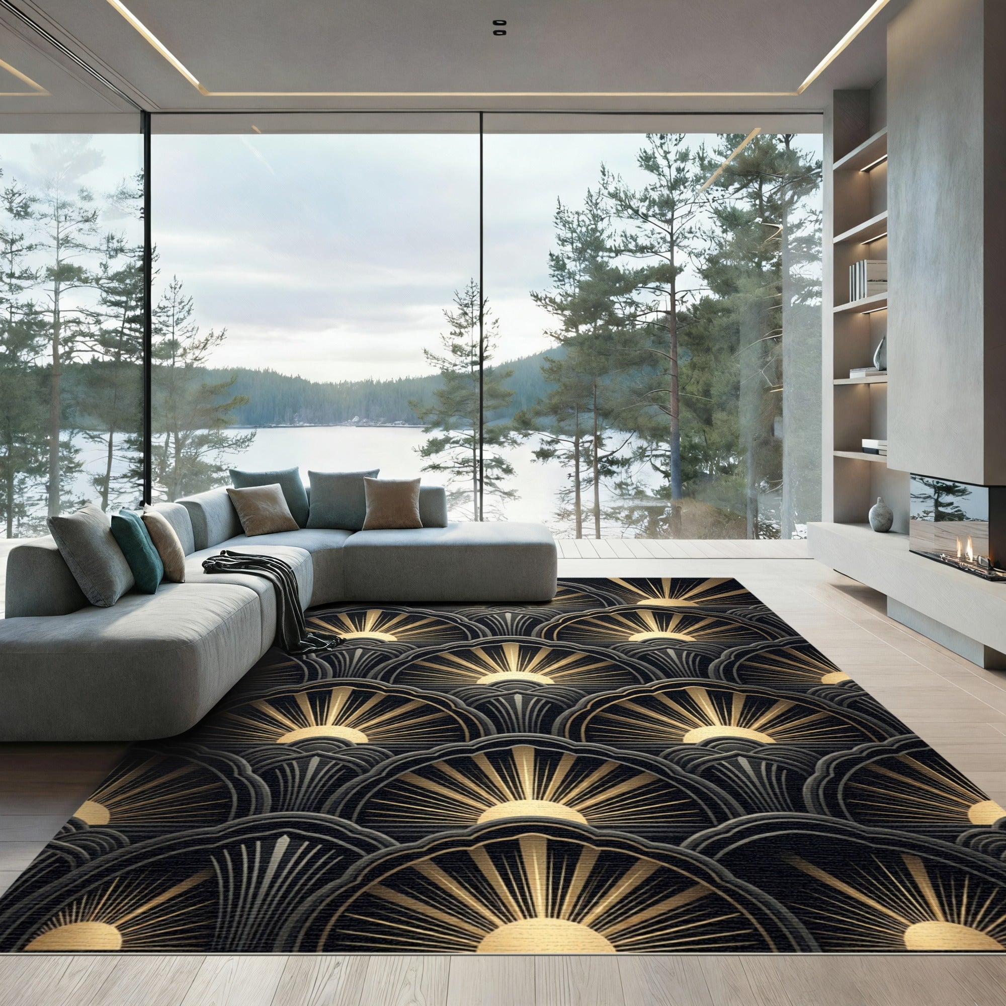 Art Deco Sunburst Fans Gold Black Rug