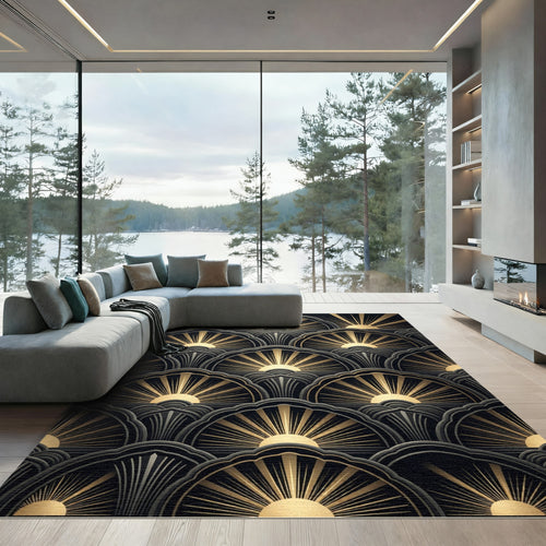 Art Deco Sunburst Fans Gold Black Rug