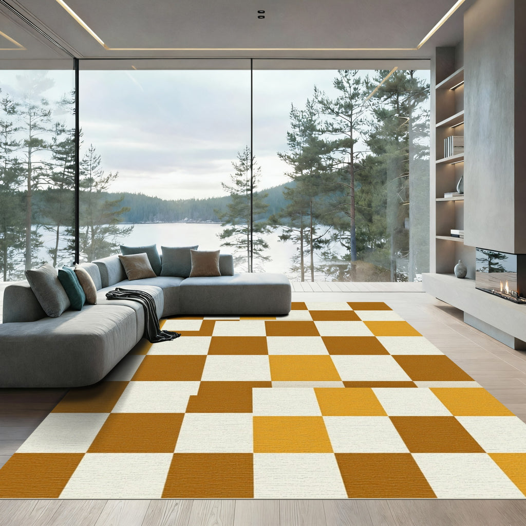 Modern Ochre and Amber Checkerboard Grid Rug