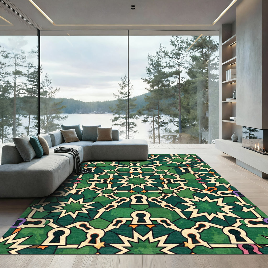 Emerald Star Geometric Keyhole Symmetry Rug