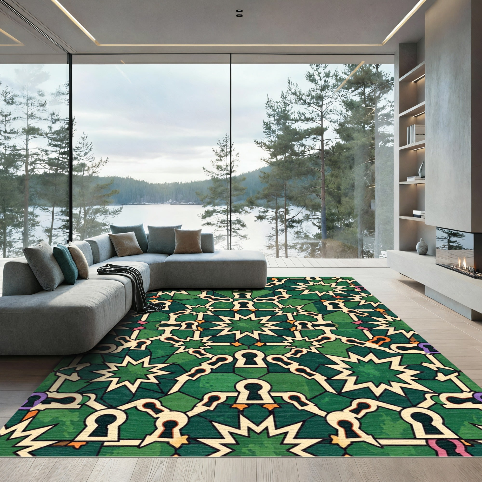 Emerald Star Geometric Keyhole Symmetry Rug