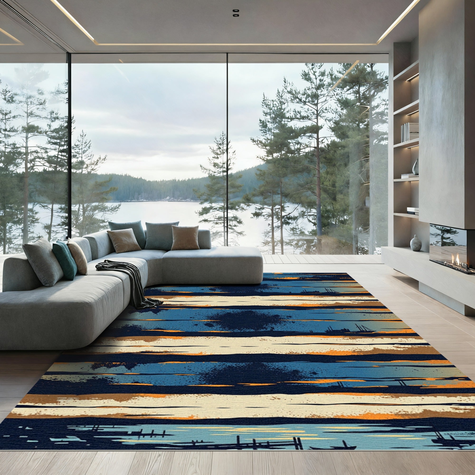 Abstract Nautical Sunset Striped Ocean Rug