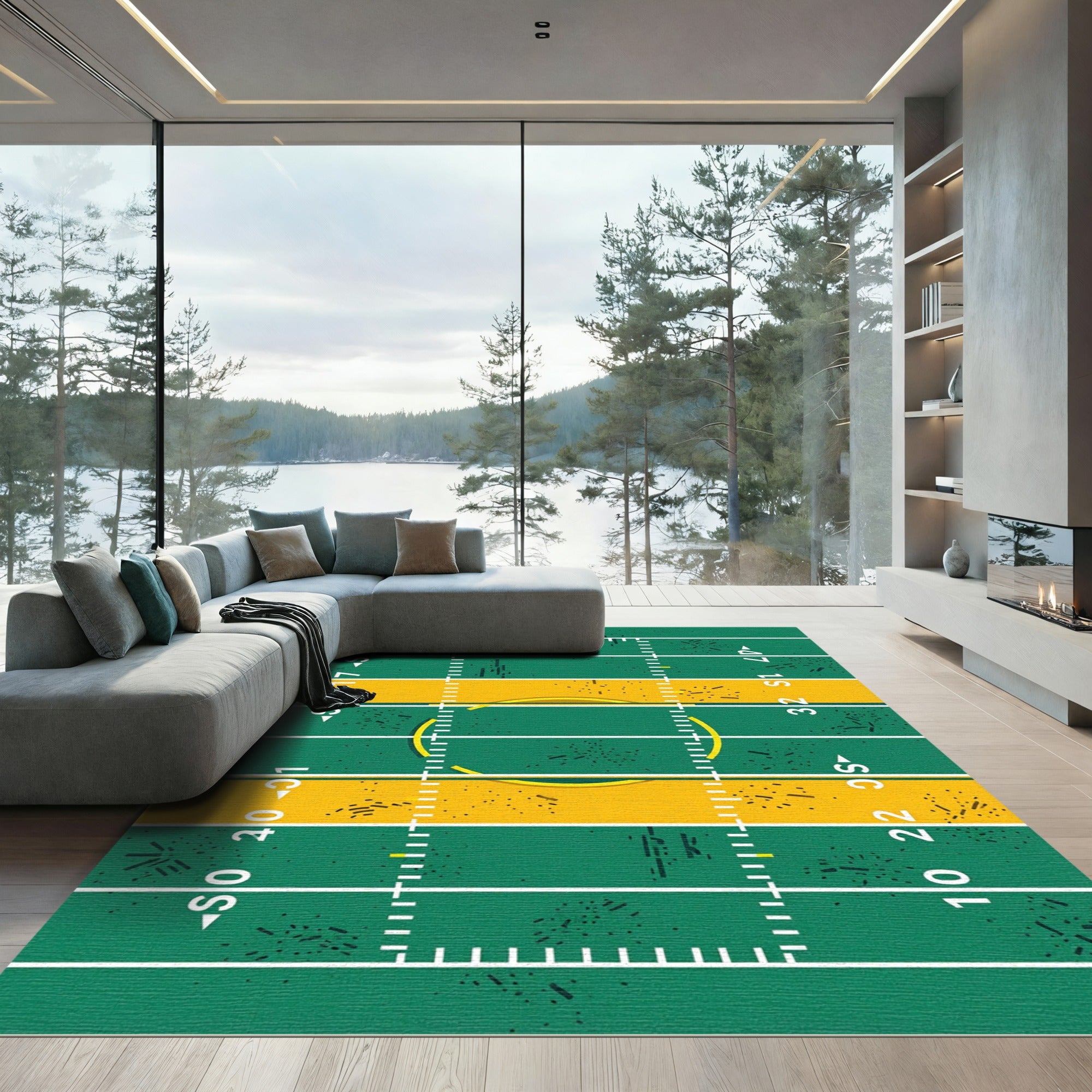 Green and Gold Grid Sports Field Rug