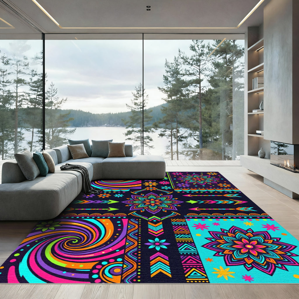 Vibrant Neon Medallion Flower Arrow Rug