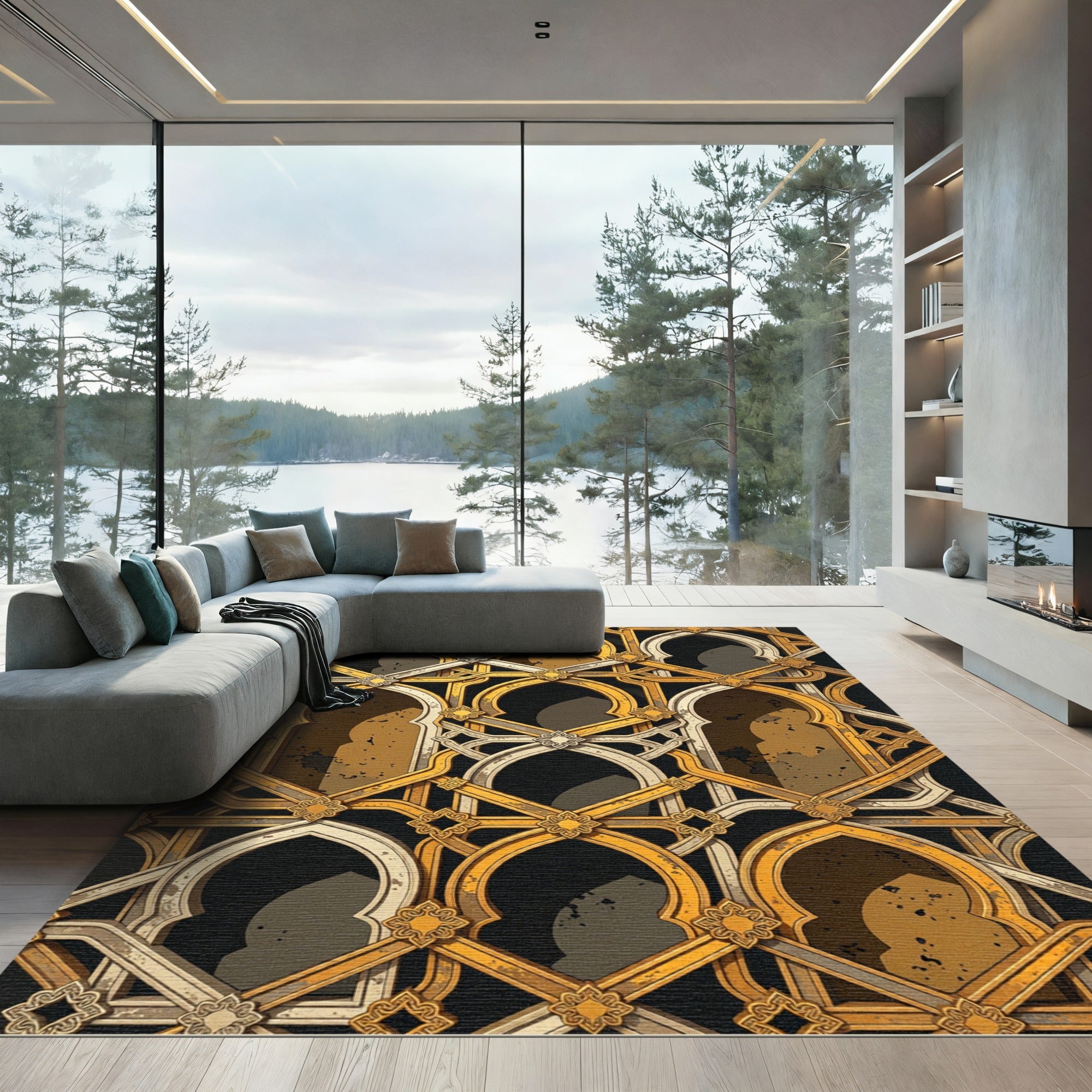 Golden Arched Lattice Geometric Rug