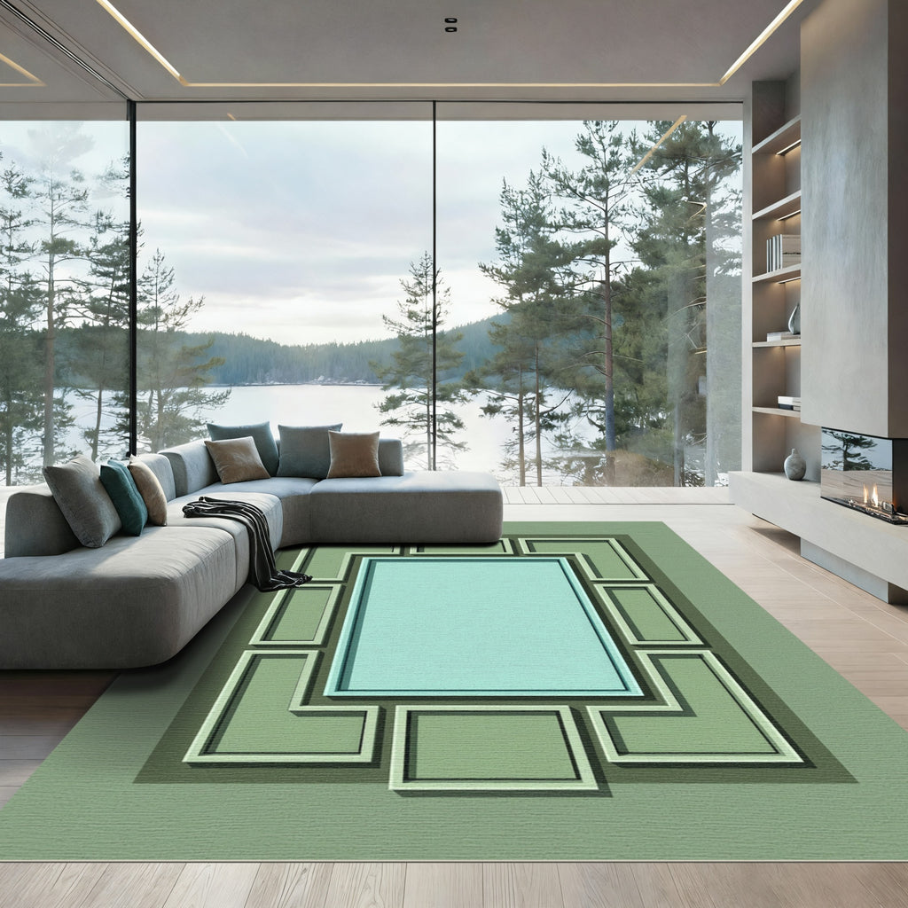 Modern Teal Geometric Border Rug