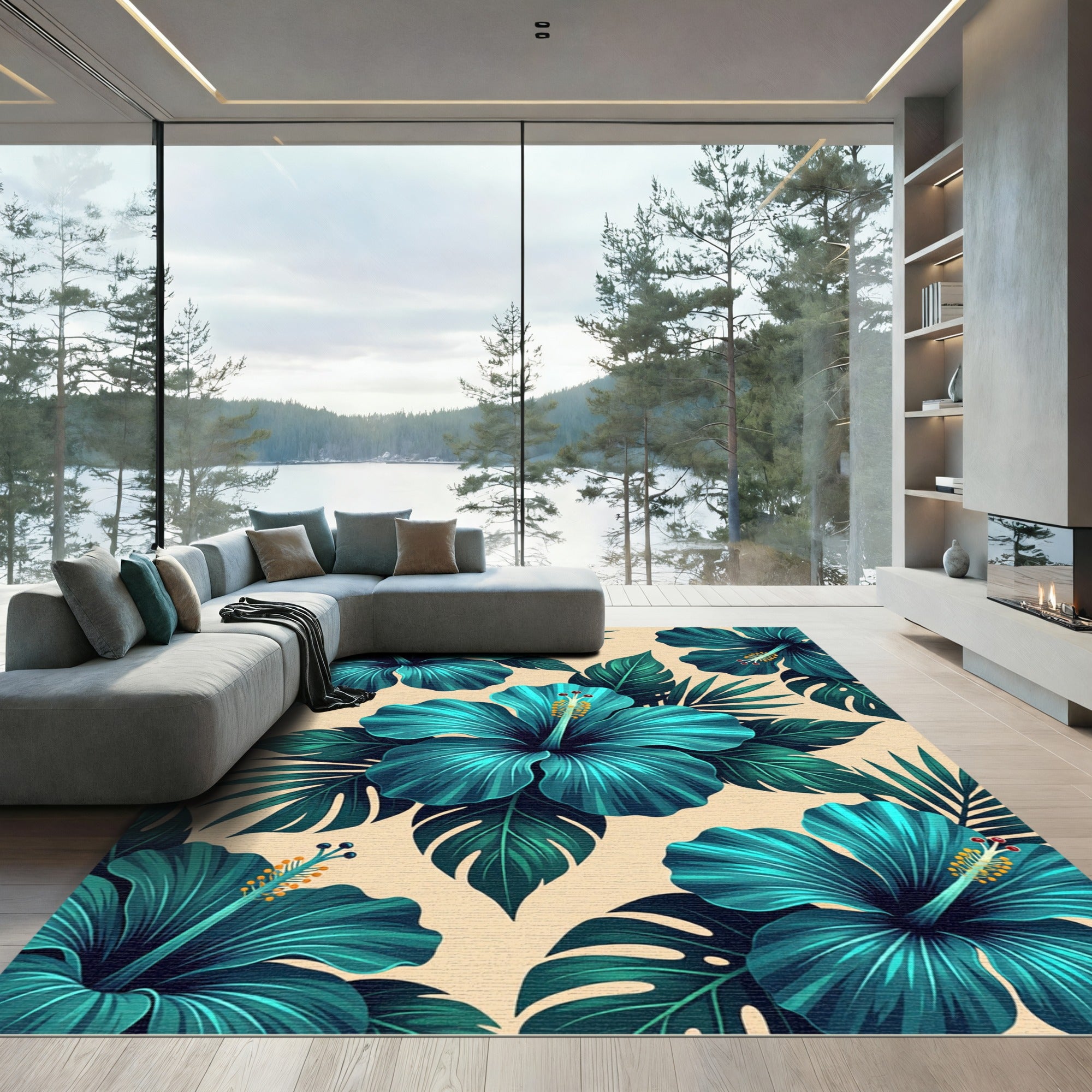 Teal Hibiscus Tropical Botanical Bloom Rug