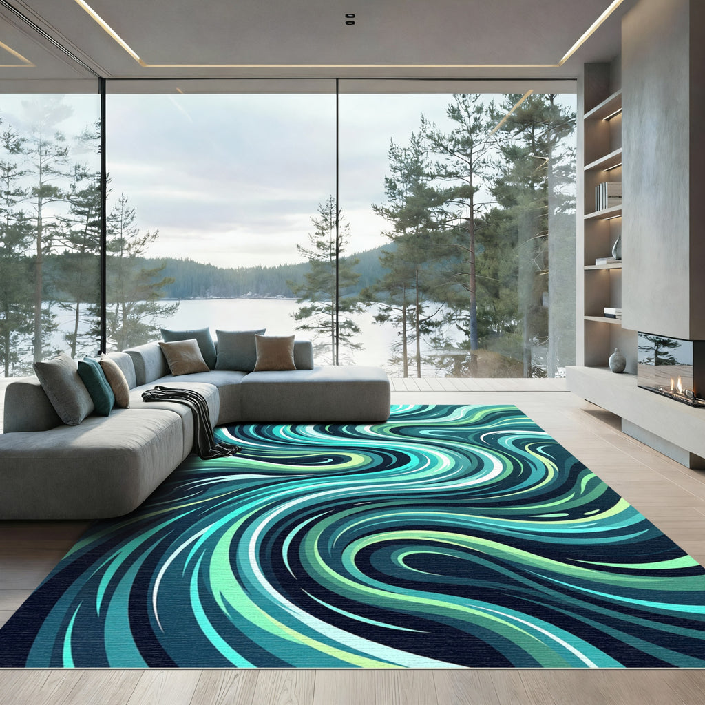 Abstract Teal and Lime Swirling Waves Rug