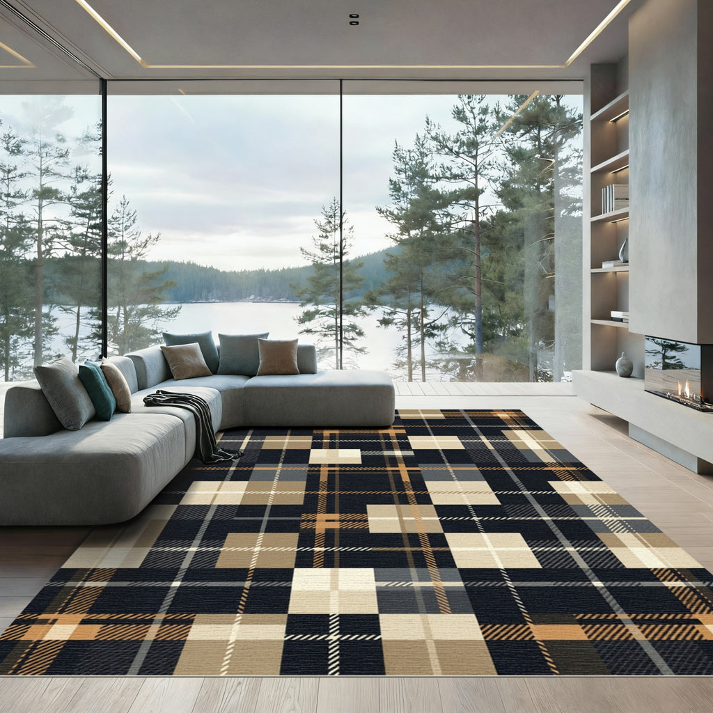 Modern Navy Ochre Grid Plaid Rug