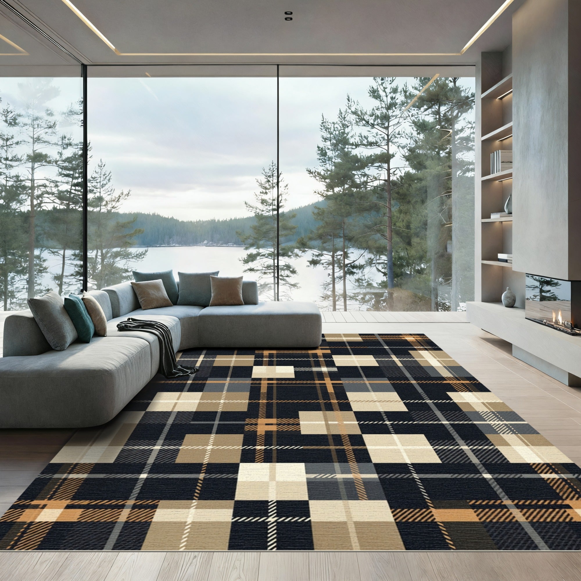 Modern Navy Ochre Grid Plaid Rug