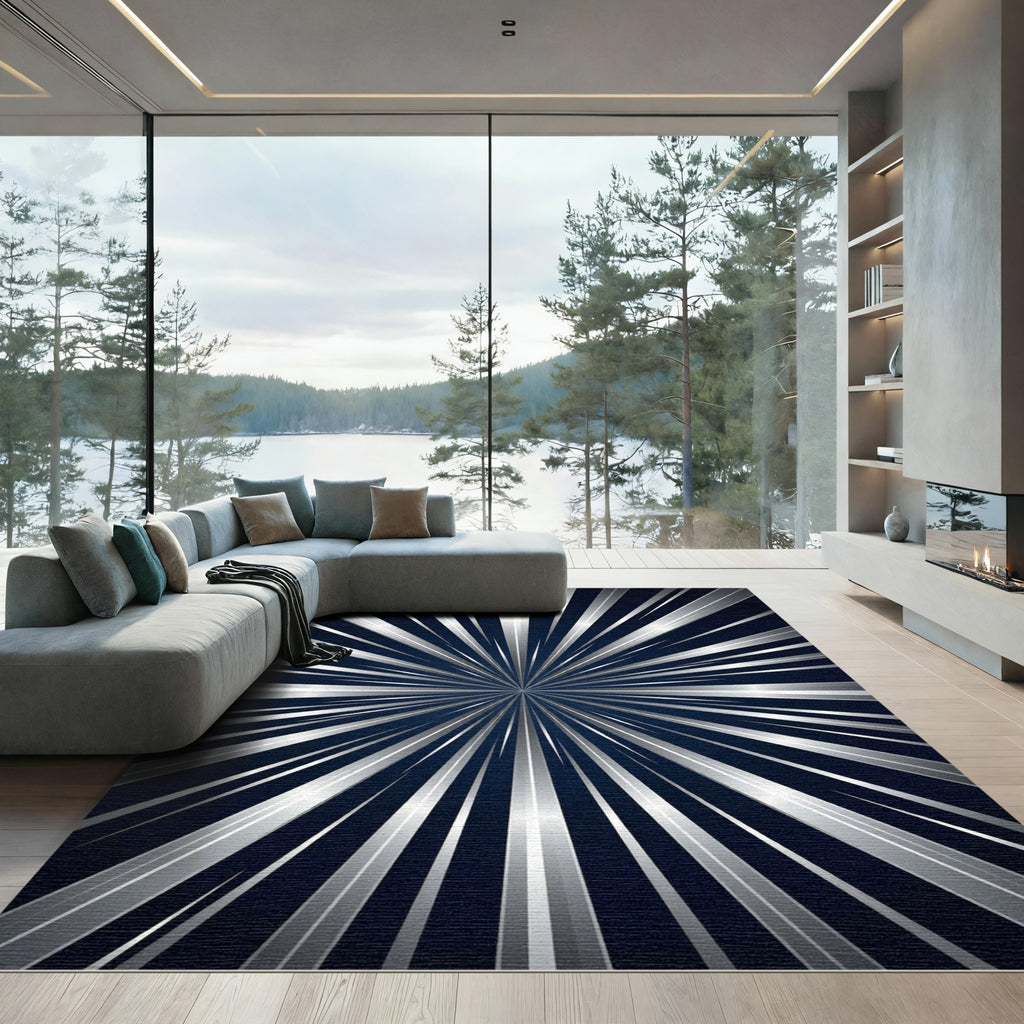 Radiant Silver Starburst Abstract Metallic Rug