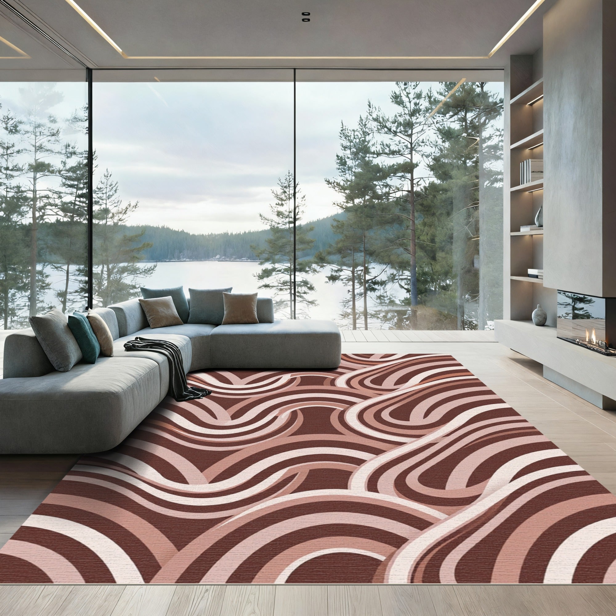 Modern Earthy Brown Swirling Wave Rug