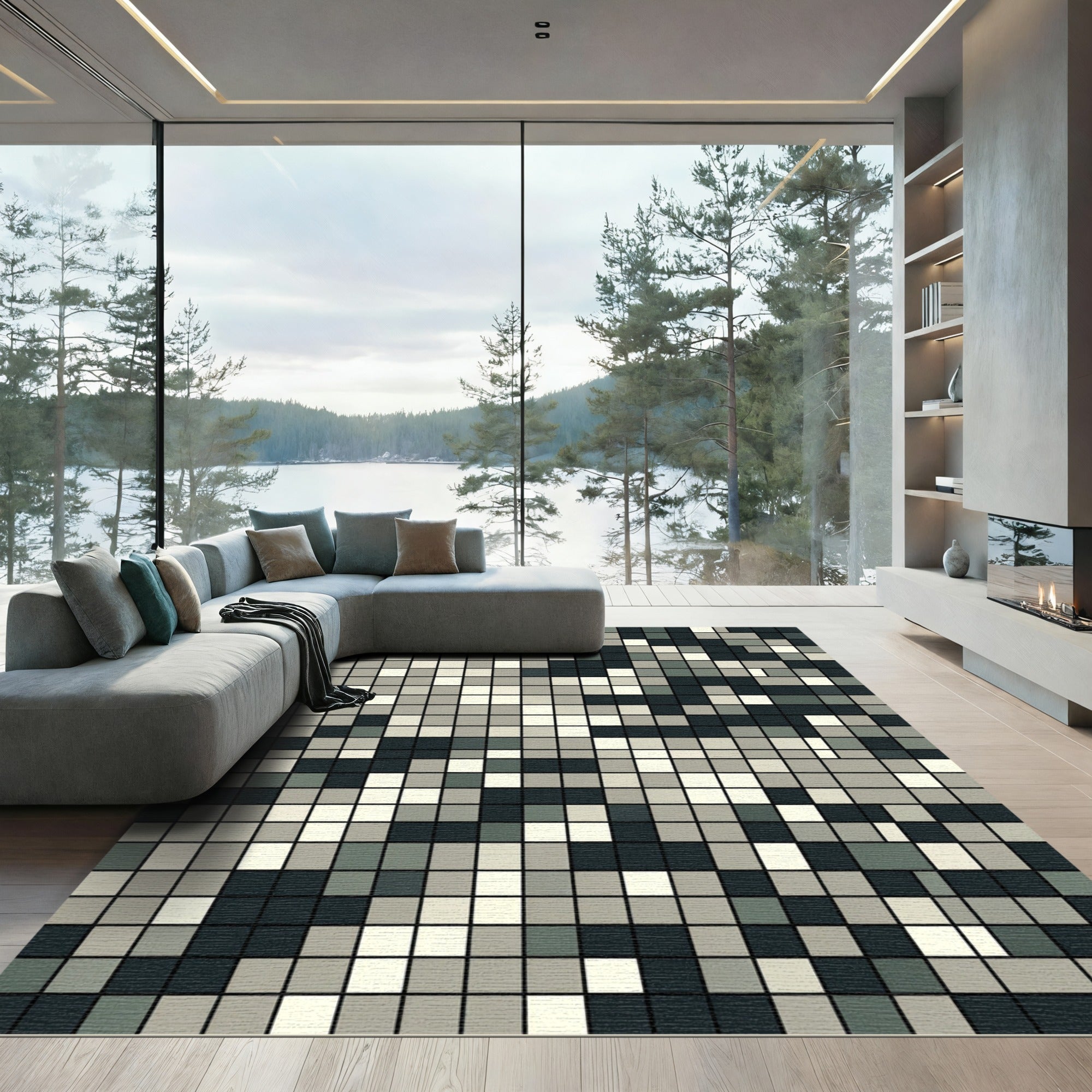 Monochrome Pixelated Grid Abstract Area Rug