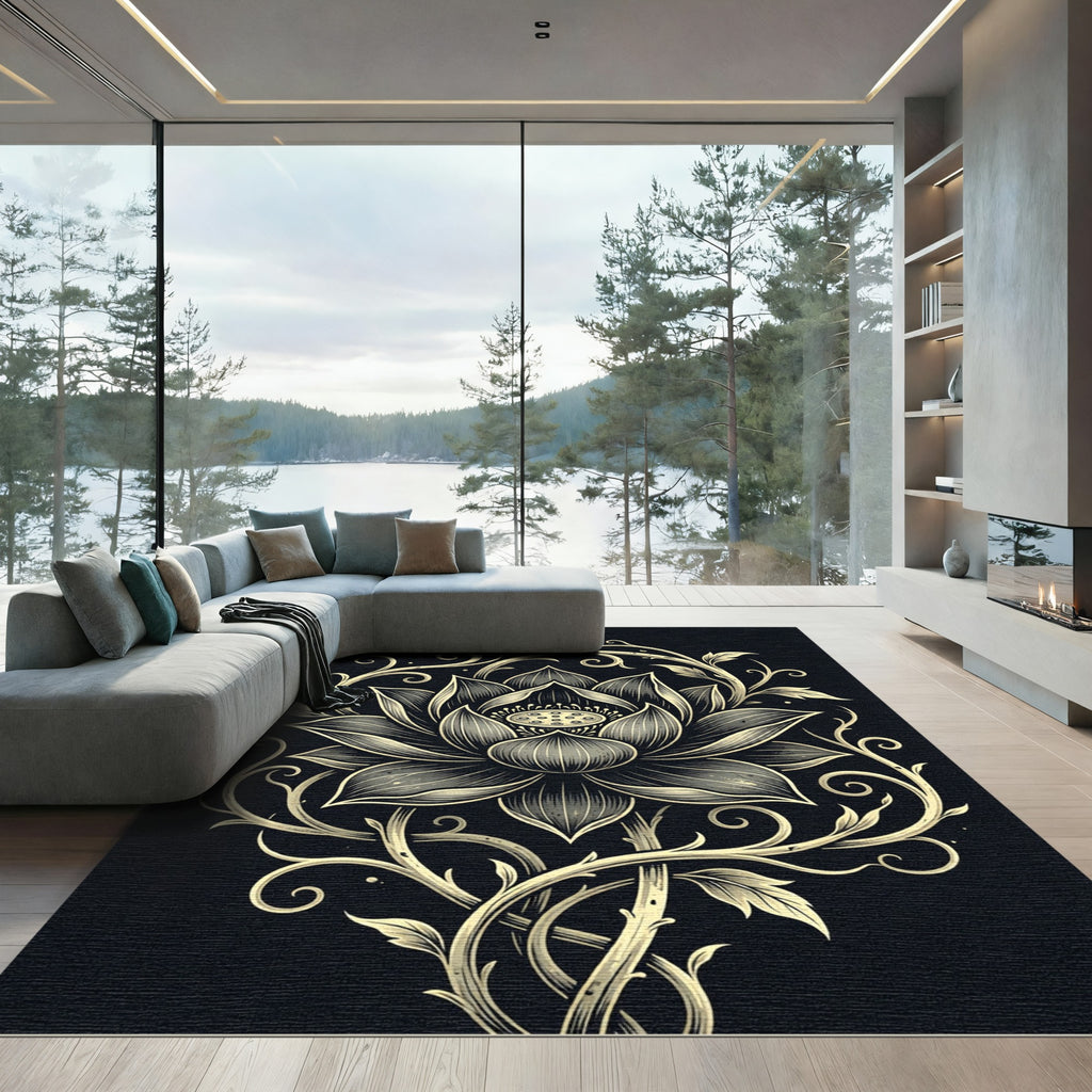 Ornate Golden Lotus Flower Arrangement Rug