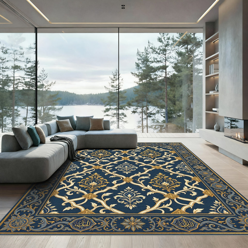 Elegant Navy Gold Damask Scroll Rug