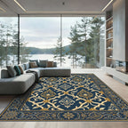 Elegant Navy Gold Damask Scroll Rug