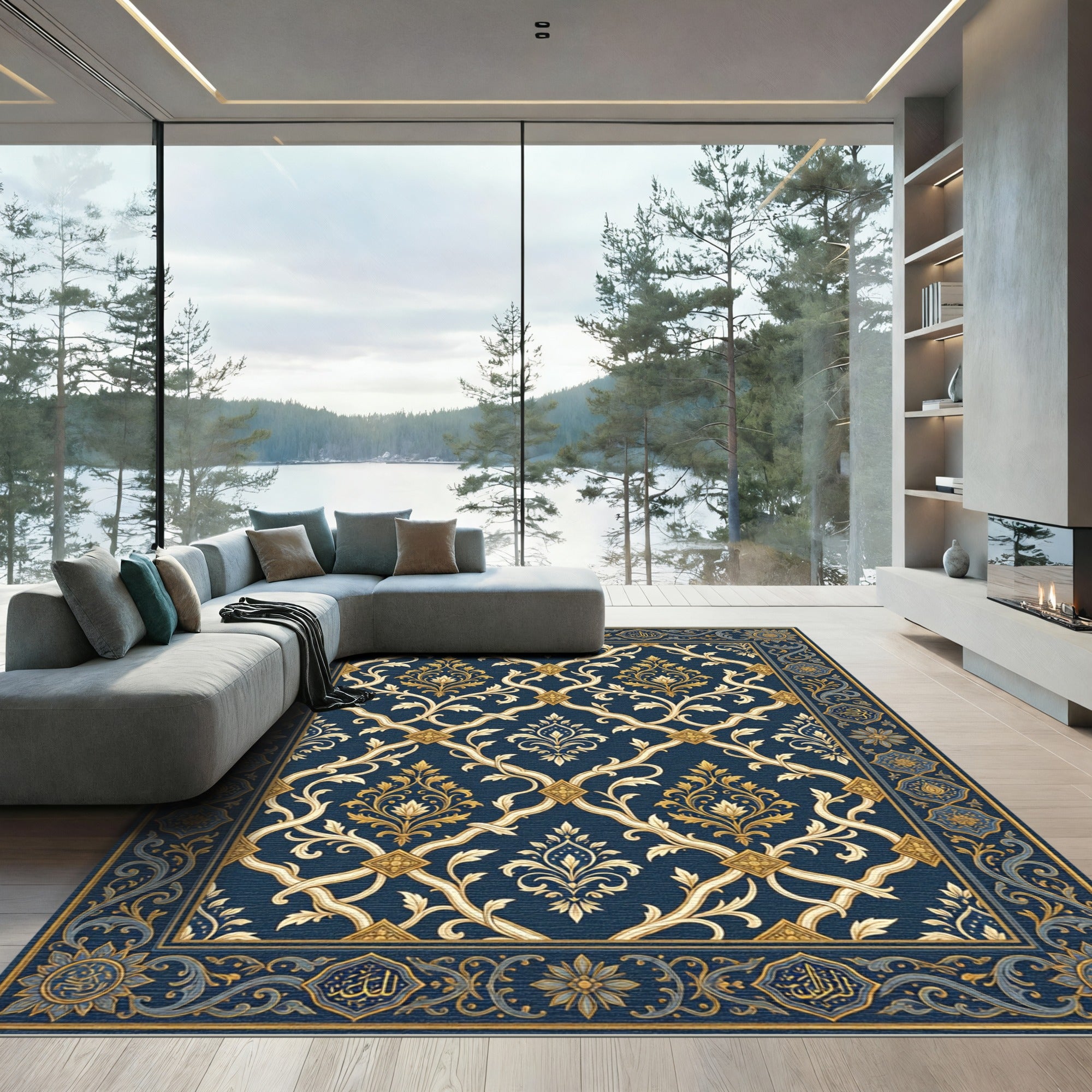 Elegant Navy Gold Damask Scroll Rug