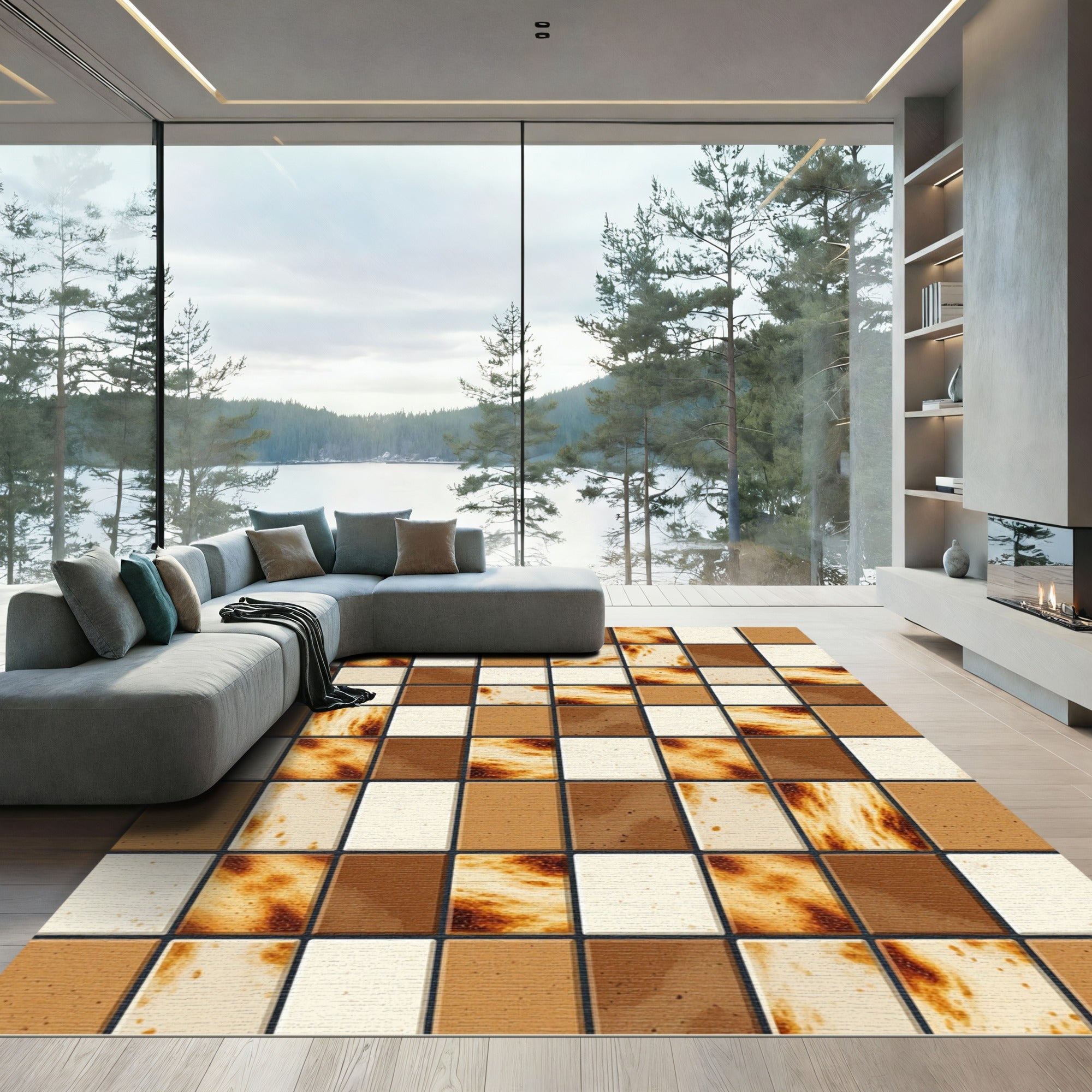 Earthy Tones Marbleized Mosaic Squares Rug