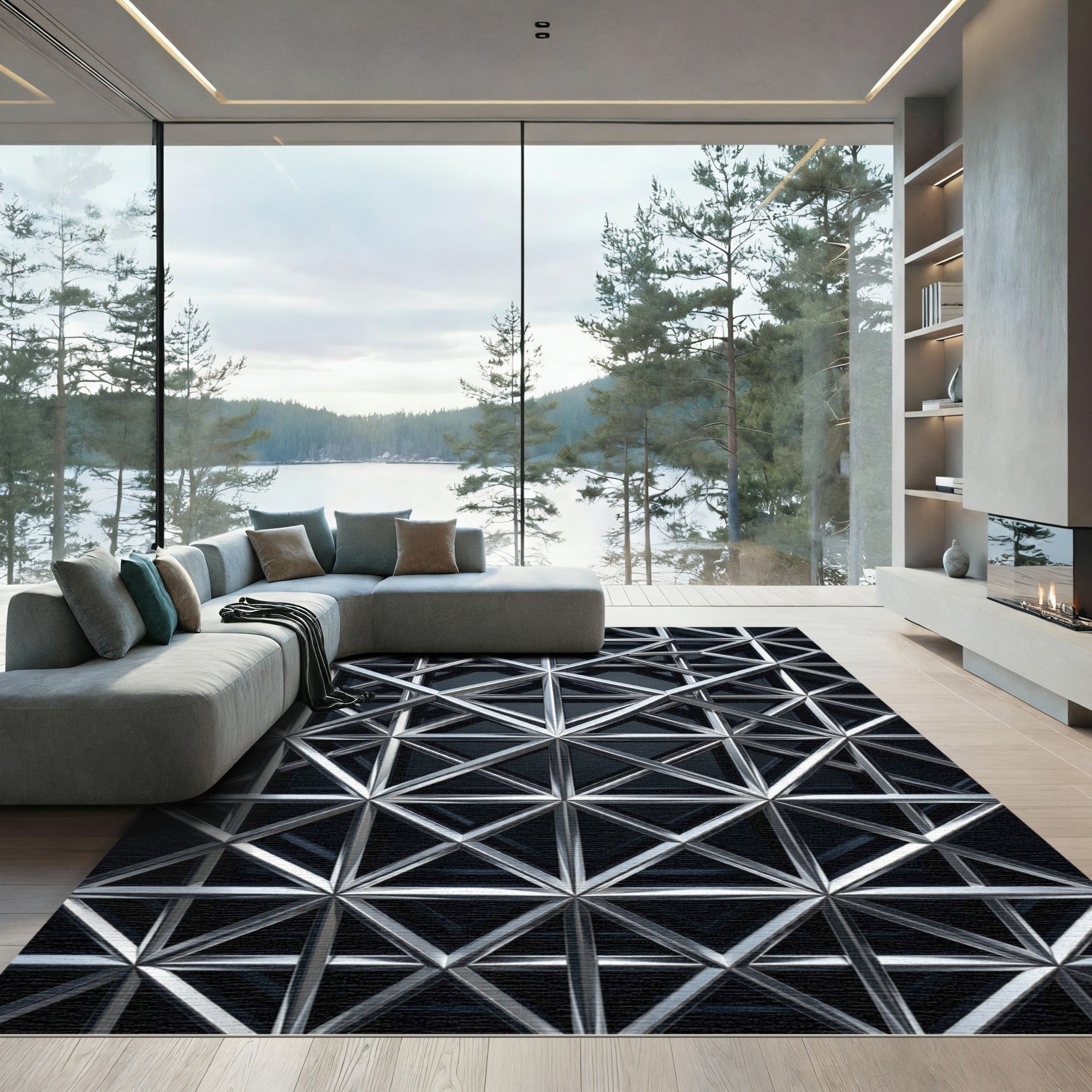 Silver Geometric Linear Lattice Grid Rug