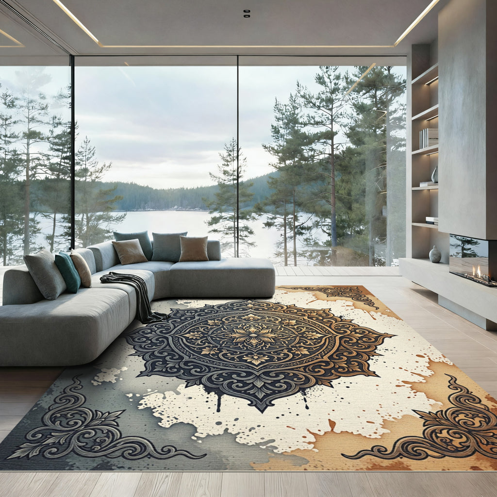 Ornate Dark Gold Floral Medallion Rug