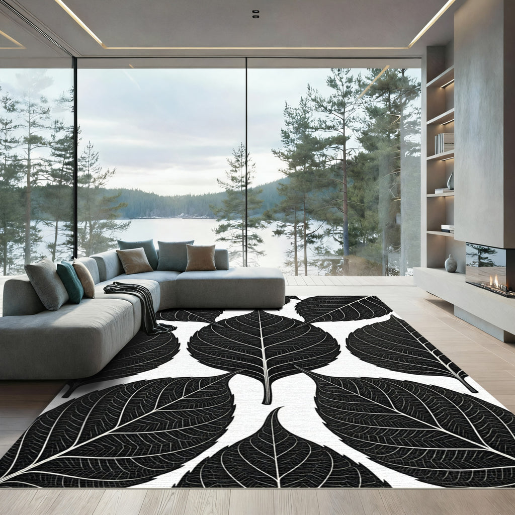 Botanical Monochrome Leaf Silhouette Rug