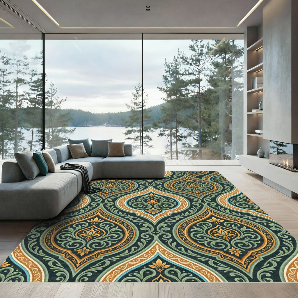 Elegant Teal and Golden Damask Medallion Rug
