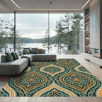 Elegant Teal and Golden Damask Medallion Rug