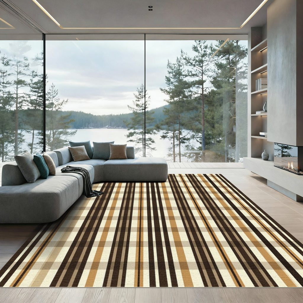Brown Beige Plaid Vertical Stripe Rug