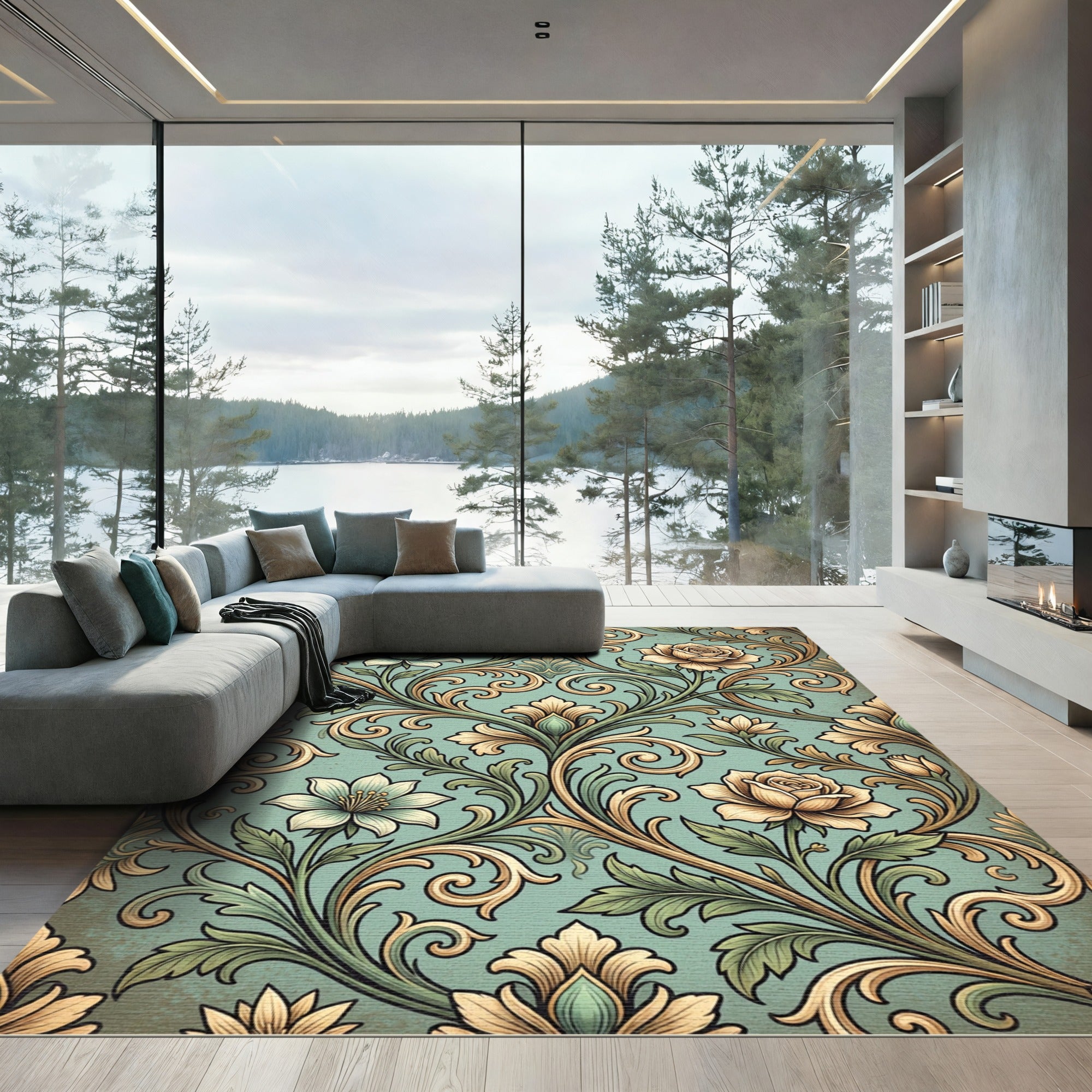 Elegant Sage Rose Damask Scroll Rug