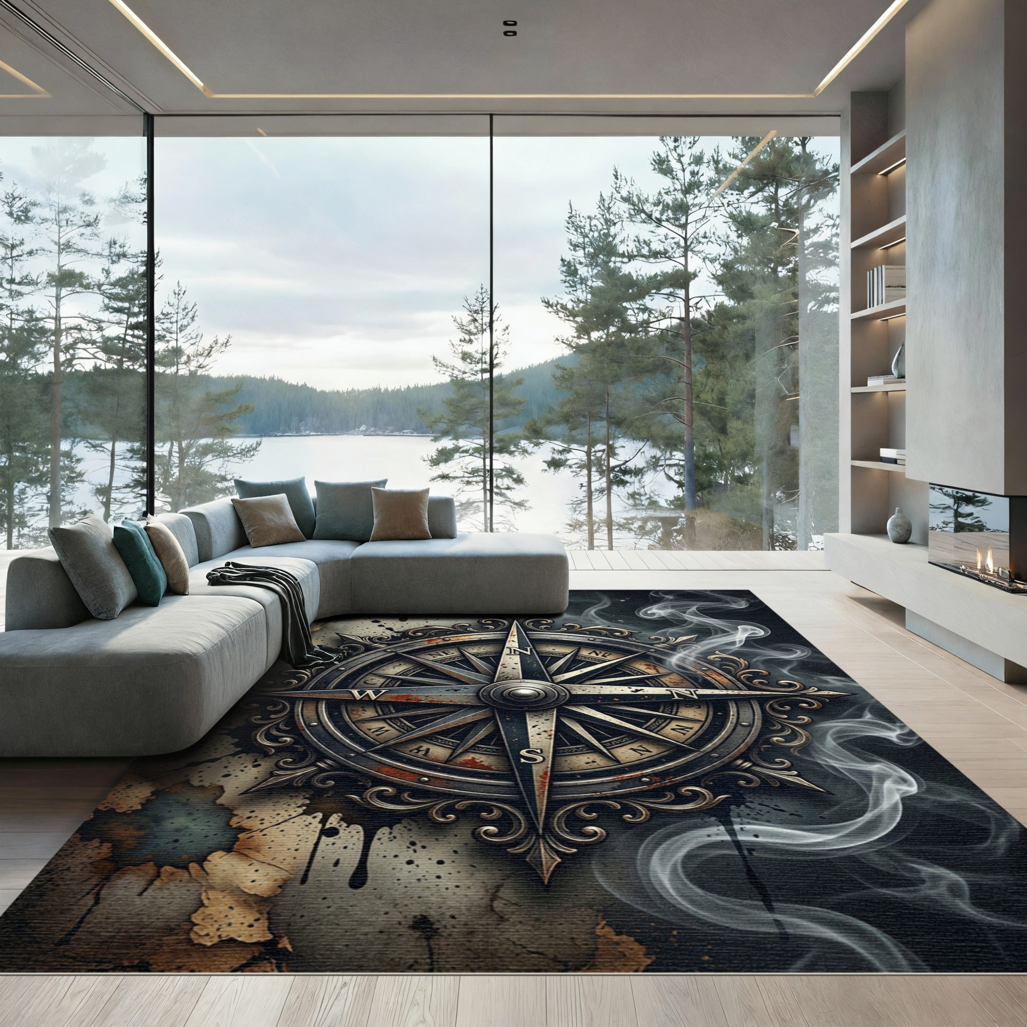 Ornate Smoke Weathered Compass Medallion Rug