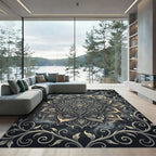 Ethereal Charcoal Gold Floral Medallion Rug