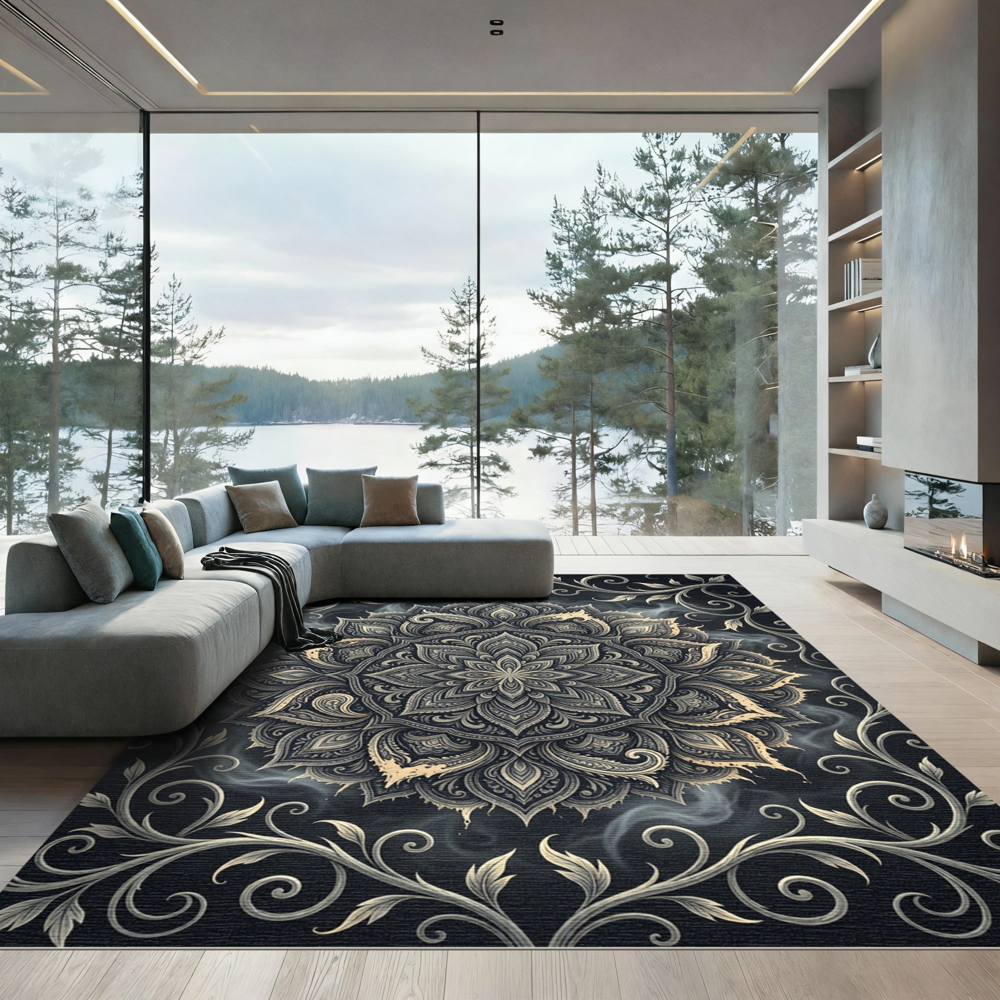 Ethereal Charcoal Gold Floral Medallion Rug