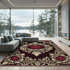Ornate Burgundy Golden Damask Medallion Rug