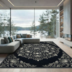 Black Gray Floral Scrollwork Medallion Rug