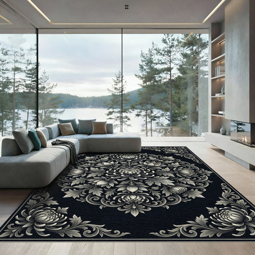 Black Gray Floral Scrollwork Medallion Rug